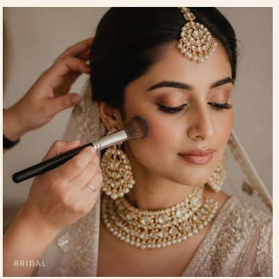 Makeup artist applying blush to a bride in cream attire