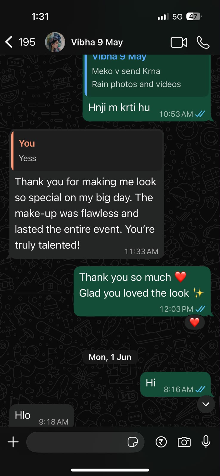 Vibha's feedback about flawless makeup on her big day