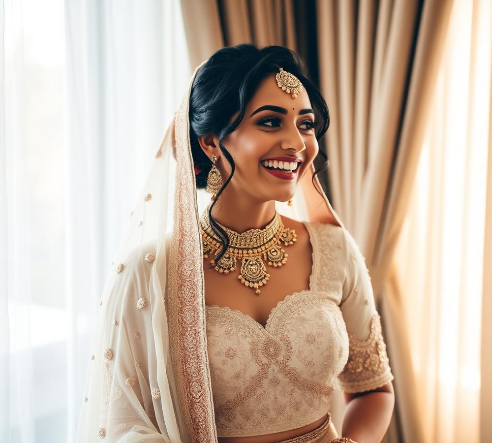 Bride laughing in ivory lehenga with natural makeup
