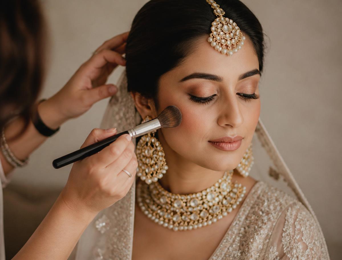 Makeup artist applying blush to a bride during her getting-ready session