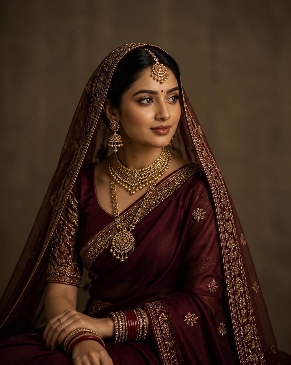 Bride in burgundy saree with traditional bridal makeup